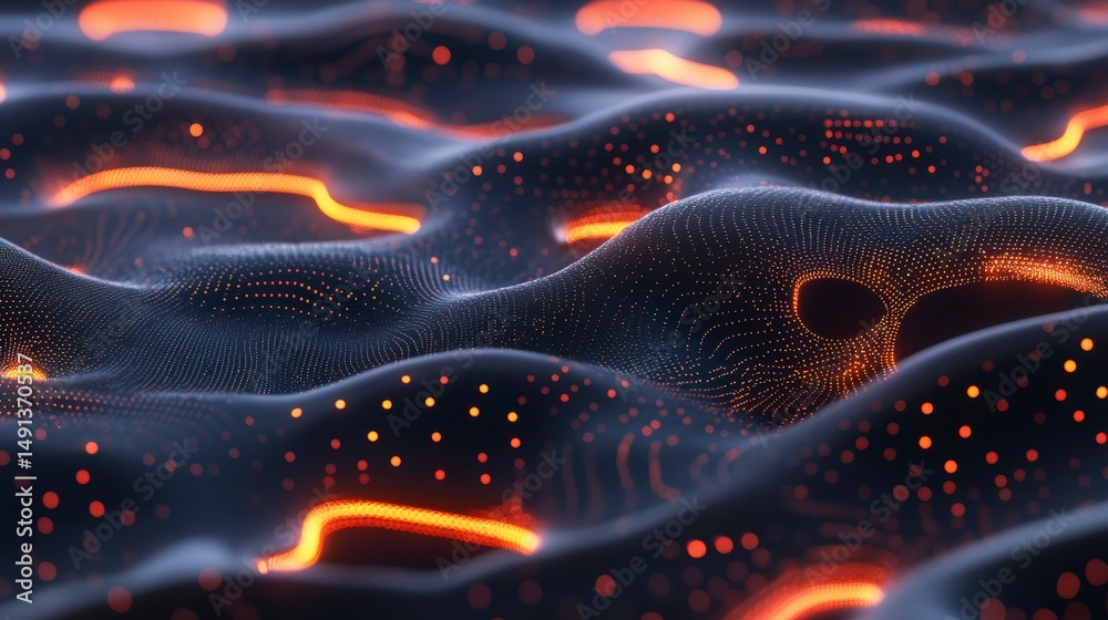 Poster abstract dark background with glowing orange lines and dots, resembling lava flow or digital landsca