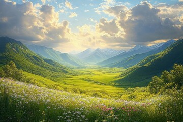 Expansive green valley with wildflowers in foreground, surrounded by lush forested mountains under a dramatic sky with sunlit clouds