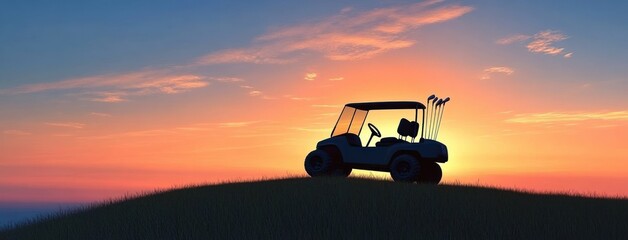 Silhouetted golf cart with clubs on grassy hill against vibrant orange and blue sunset sky