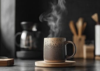 Fototapeta premium Steaming coffee in a speckled mug rests on a wooden coaster on a dark countertop, with kitchen appliances blurred in the background