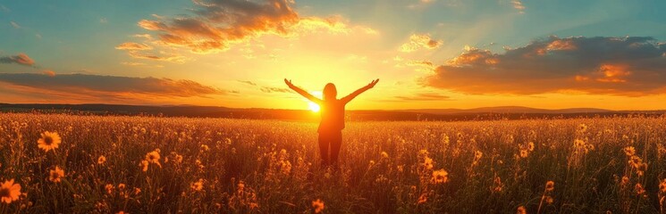 Person standing in a vast field of wildflowers with arms raised towards a vibrant sunset sky filled with scattered clouds