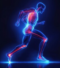 x-ray view of a human figure running, highlighting skeleton and joints with glowing red areas