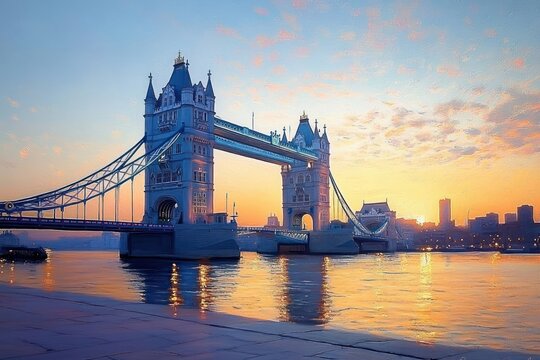 Historic stone suspension bridge with twin towers over reflective river at sunset with pastel sky and city skyline silhouette