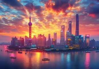 Obraz premium Vibrant city skyline at sunset with illuminated modern skyscrapers reflecting over a calm river under fiery colorful clouds