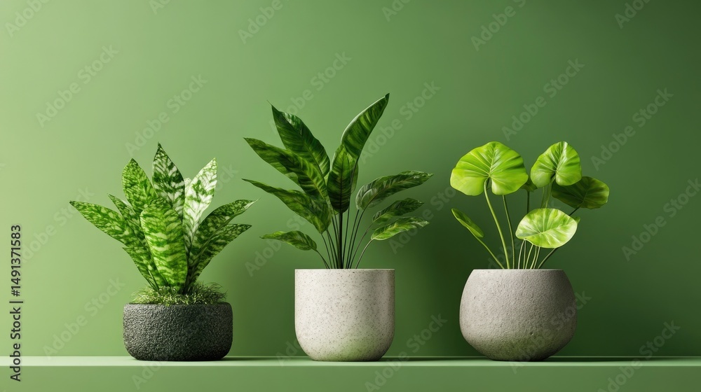 Poster a soft green background complementing three unique potted houseplants