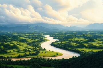 Curving river flowing through lush green hills and forested areas under a cloudy sky with distant mountains in the background