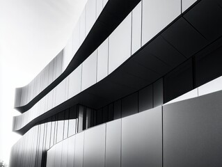 Obraz premium Modern building facade with smooth, curved lines and reflective glass panels in monochrome, conveying sleek architectural design and futuristic elegance
