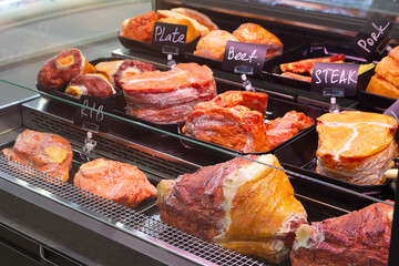 Fresh meat for sale, ready for sale in the butcher shop