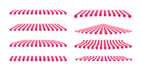 Set of shop awnings. Striped red and white store canopies. Collection of market tents. Cafe sunshade mockups. Circus domes. Kiosk umbrellas isolated on white background. Vector flat illustration.