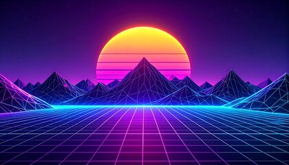 Retro Sunset with Synthwave Landscape.