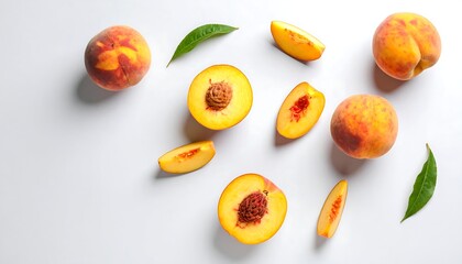 Ripe Peaches with Slices, and Leaves.