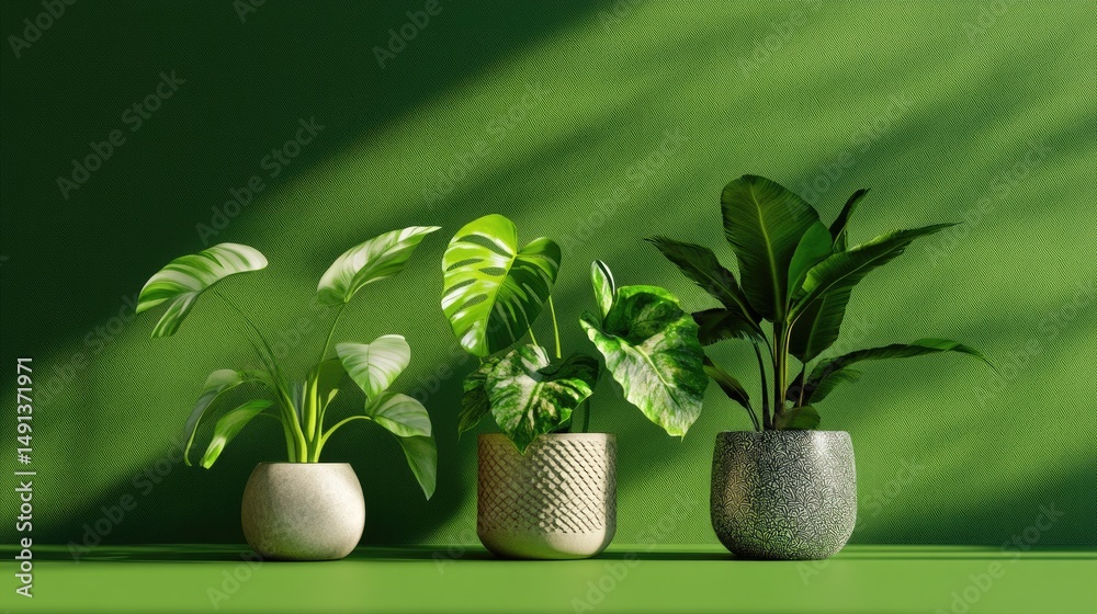 Poster a soft green background complementing three unique potted houseplants