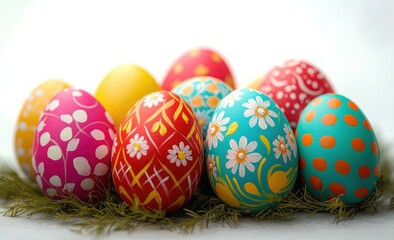 Fototapeta premium Colorful decorative eggs with floral and geometric patterns arranged on green pine needles on a white background