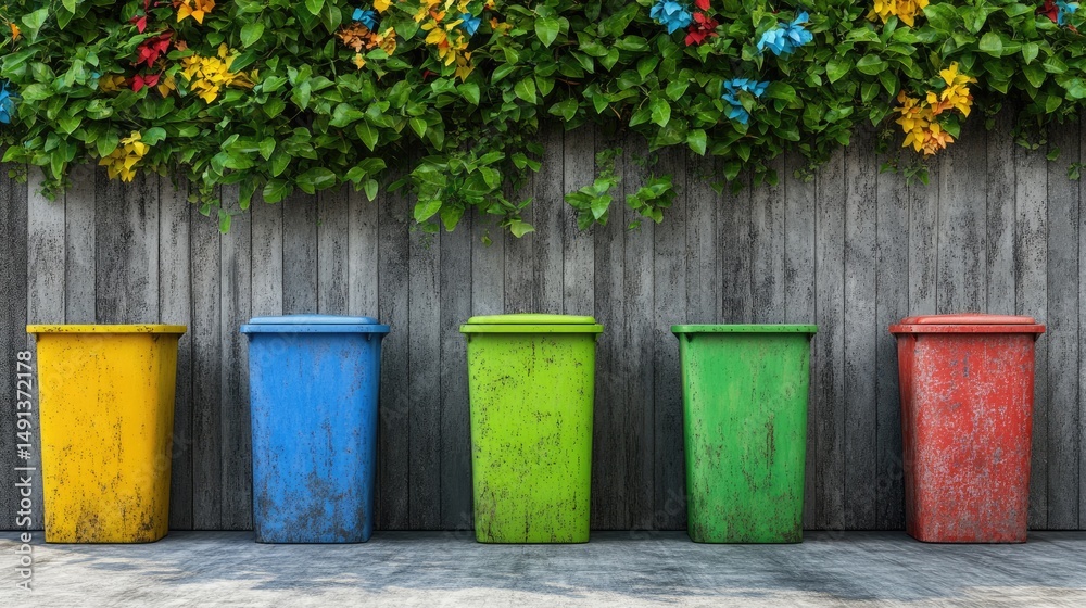 Poster a rustic concrete bin holding colorful recyclables in a clean urban setting