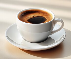 Fototapeta premium White ceramic cup filled with steaming hot coffee on matching saucer casting soft shadows on light surface