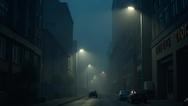 Foggy industrial urban street city night scenery