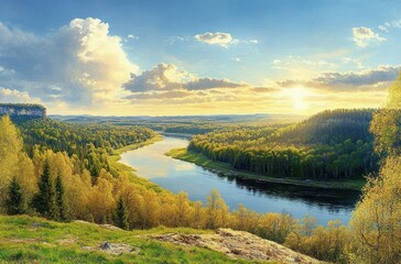 Obraz premium Scenic river meandering through lush green and golden forest under a bright sky with scattered clouds and warm sunlight near sunset