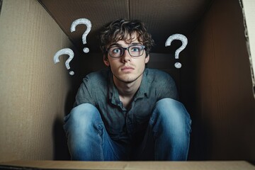Young man with glasses sitting inside a cardboard box surrounded by three large question marks looking thoughtful and confused