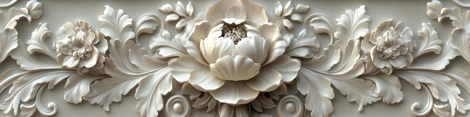 Obraz premium Intricate White Floral Relief Sculpture with Beige Background