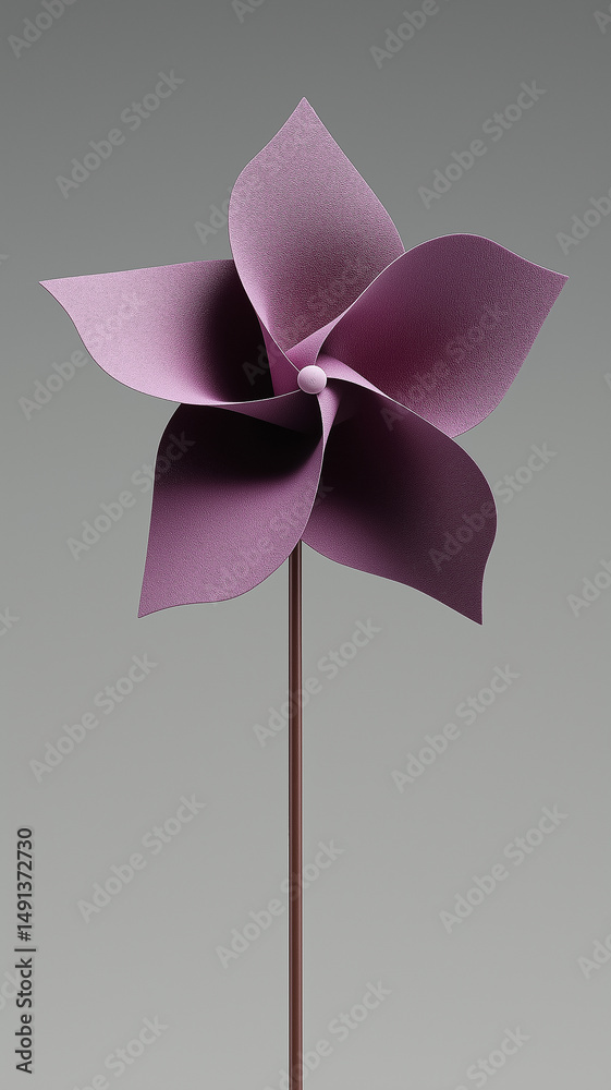 Poster purple pinwheel rotating on stick against gray background