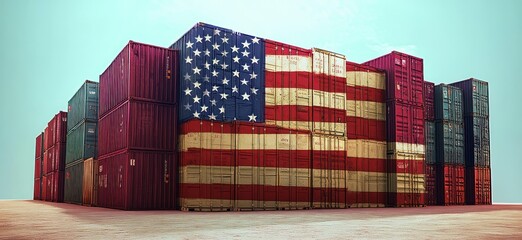Obraz premium Stacked shipping containers with a large American flag painted on the front, set against a clear blue sky and a dry, sandy ground, conveying trade and national identity