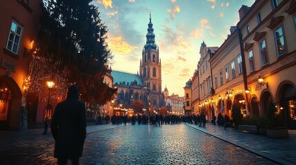evening street scene with crowd near illuminated historic cathedral and festive decorated trees under a colorful sky