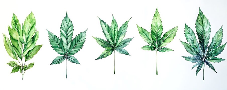Watercolor Cannabis Leaves. Botanical Illustration