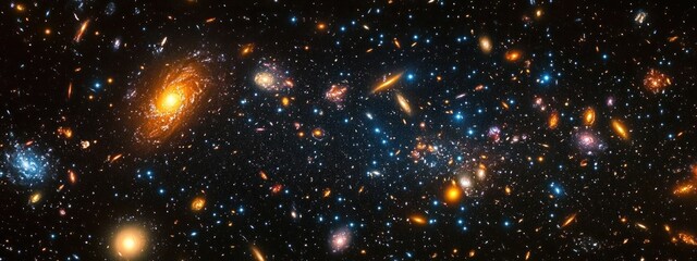 Obraz premium Wide view of a vast, colorful galaxy cluster with numerous galaxies and stars scattered in the dark expanse of deep space, evoking awe and wonder