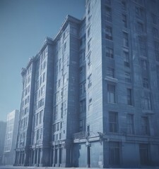 Stylized building blueprint photo effect; faded blue print aesthetic ,  aged,  illustration