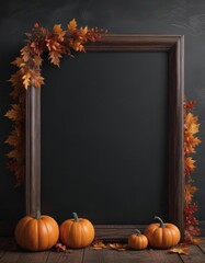 Dark wood chalkboard frame with three pumpkins, fall leaves arranged artfully within the frame ,  natural,  details,  elegant