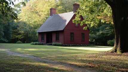 Obraz premium Serene Autumn Day at the Red Colonial House