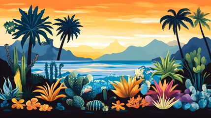 Sunset Tropical Landscape with Palm Trees and Succulents