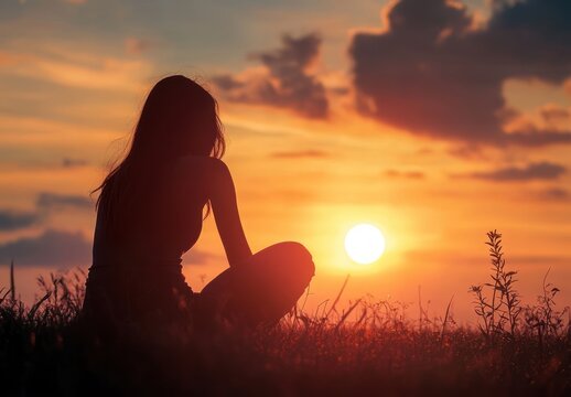 Silhouette of a person sitting on the grass watching a warm orange sunset with scattered clouds and serene atmosphere