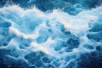 Close-up of turbulent ocean water with frothy white waves and deep blue sea creating a dynamic and energetic scene