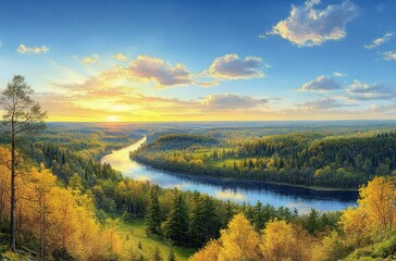 Naklejka premium Scenic river winding through lush forest landscape with autumn foliage under a vibrant sunset sky with scattered clouds