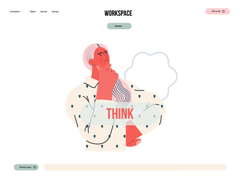 Thinking people, modern flat vector concept illustration- woman standing thoughtfully, looking upwards, bubble near head Metaphor for reflection, analysis, introspection, contemplation, deep thought
