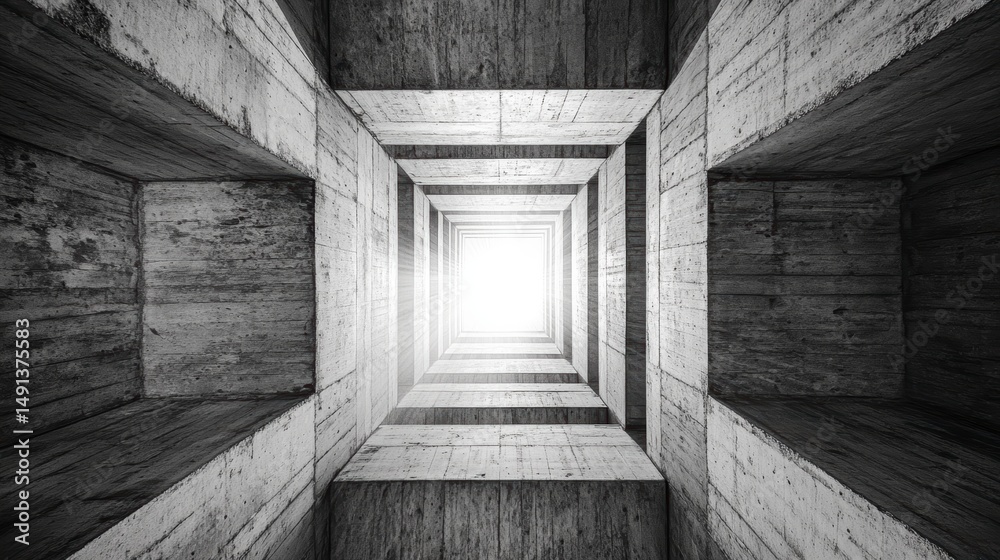 Poster monochromatic view of a concrete structure's interior, showcasing a light at the end of a tunnel-lik