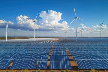Expansive solar panel farm with numerous rows of panels under a vibrant blue sky dotted with fluffy white clouds, alongside multiple tall wind turbines generating clean energy
