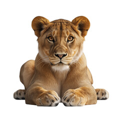 Front view of a golden lioness with piercing eyes and detailed fur texture, posed against a solid white background, showcasing her majestic expression, powerful presence