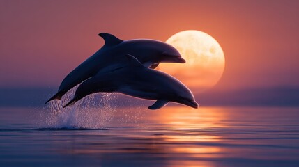 Silhouettes of dolphins leaping during sunset over a full moon.