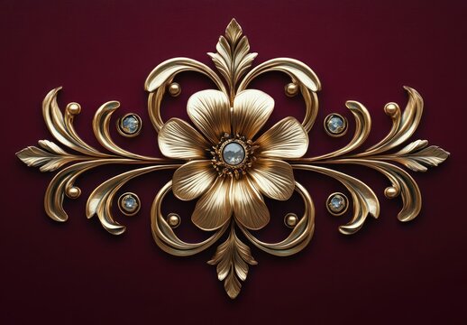 ornate gold floral decorative element with symmetrical leaves and petals featuring embedded gemstones on a deep burgundy background - Powered by Adobe