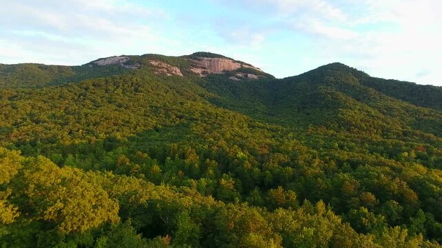 Aerial flying at sunrise Table Rock State park in South Carolina 