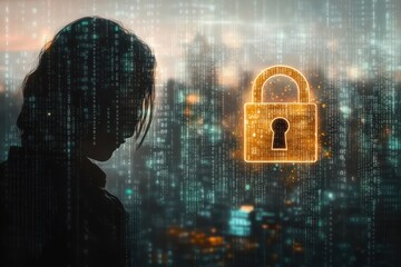 Silhouette of a person with digital data streams and an illuminated orange padlock symbol representing cybersecurity and data protection in a blurred urban background