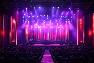 Large concert stage with purple and red lighting illuminating vertical panels and empty audience seats in a theater