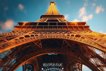 Low angle view of a large intricate iron lattice tower glowing warmly in golden sunlight under a blue sky with soft clouds