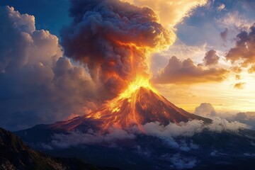 Volcano erupting with glowing lava and thick ash clouds under a dramatic sky during sunset