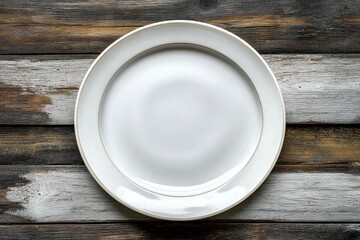Empty white ceramic plate with subtle gold rim on rustic weathered wooden surface