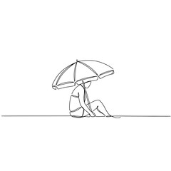 Person sitting under an umbrella on the beach in minimal style  