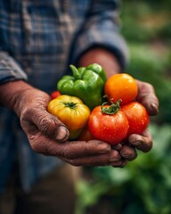 Farmer's Hands Holding Tomatoes and Bell Pepper