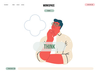 Thinking people, modern flat vector concept illustration- man standing thoughtfully, looking upwards, bubble near his head Metaphor for reflection, analysis, introspection, contemplation, deep thought